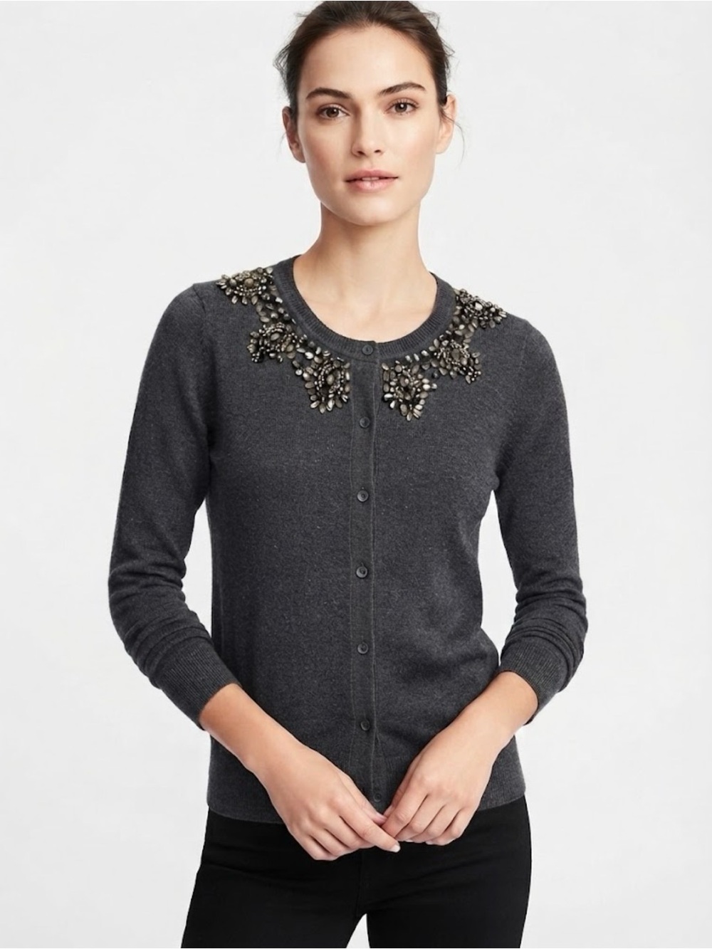 LOFT Embellished Rhinestone Charcoal Grey Cardigan